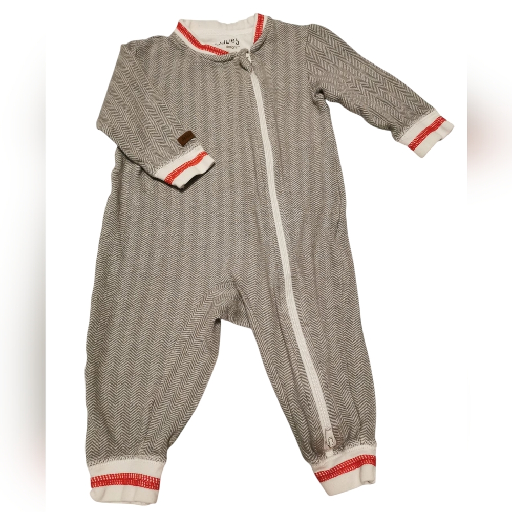 Gray and Red Footies with Full-Body Design and Zipper